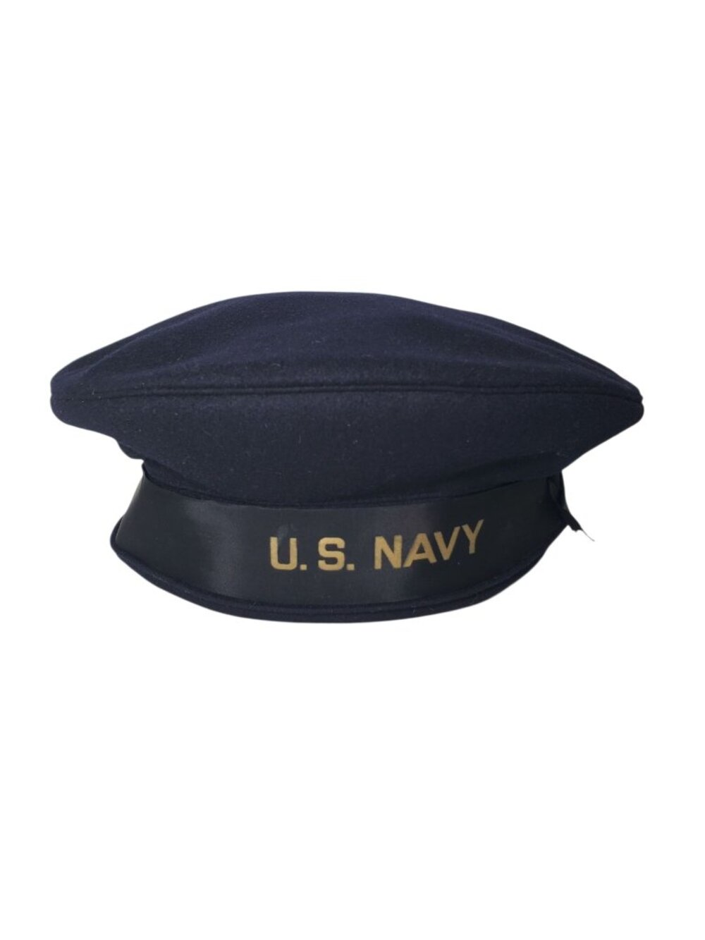 Vintage WW2 USN US Navy Blue Wool Sailor Hat 7 1/2 Leather Sweatband Ribbon